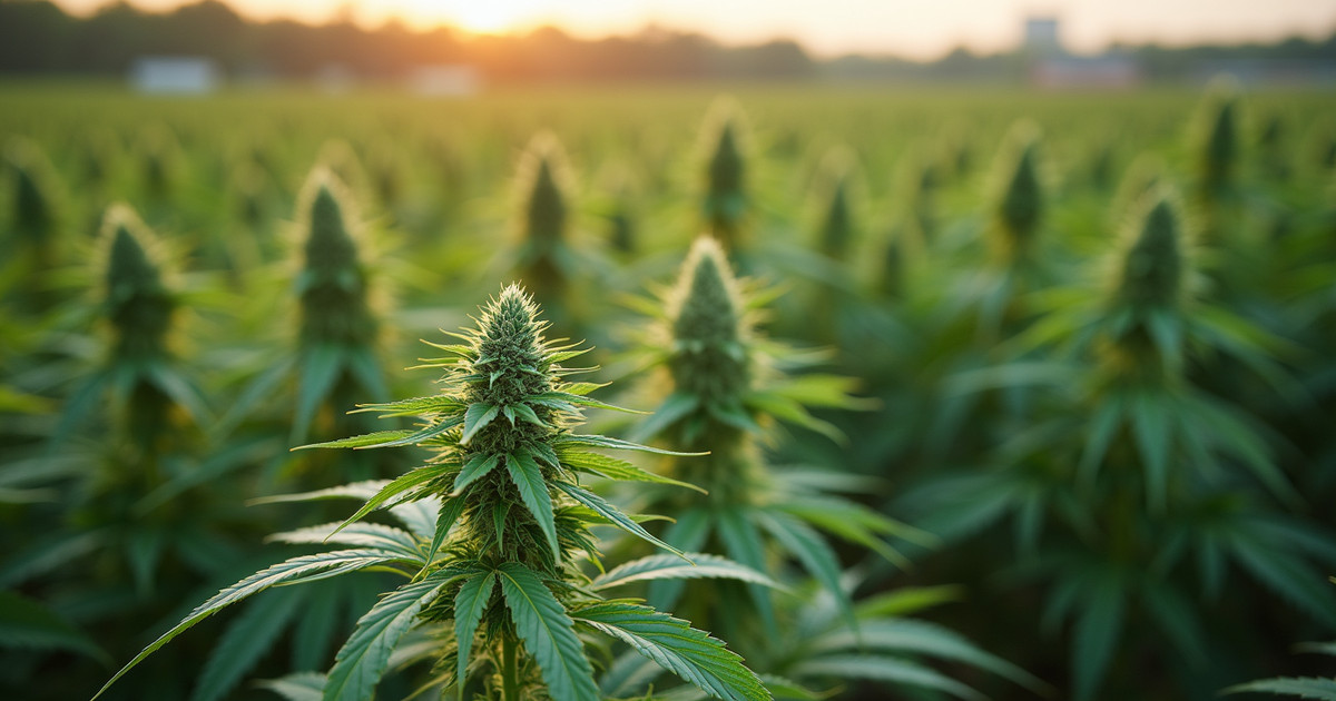Dense hemp flower with visible resin on a Kush type plant